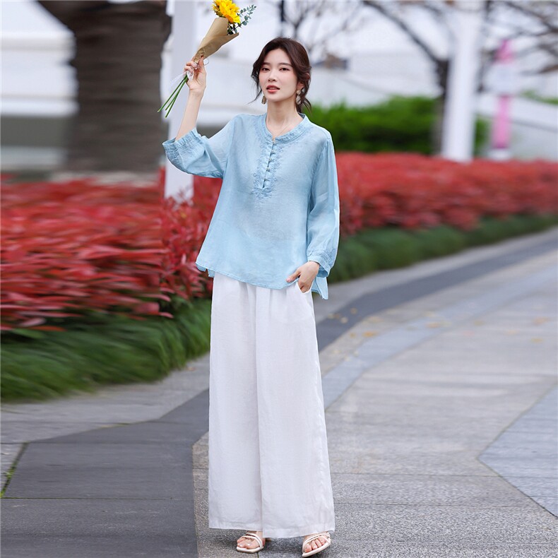 苎麻套装女夏2026新款宽松休闲时尚减龄棉麻阔腿裤两件套,女装套装/套裙,鑫源服饰