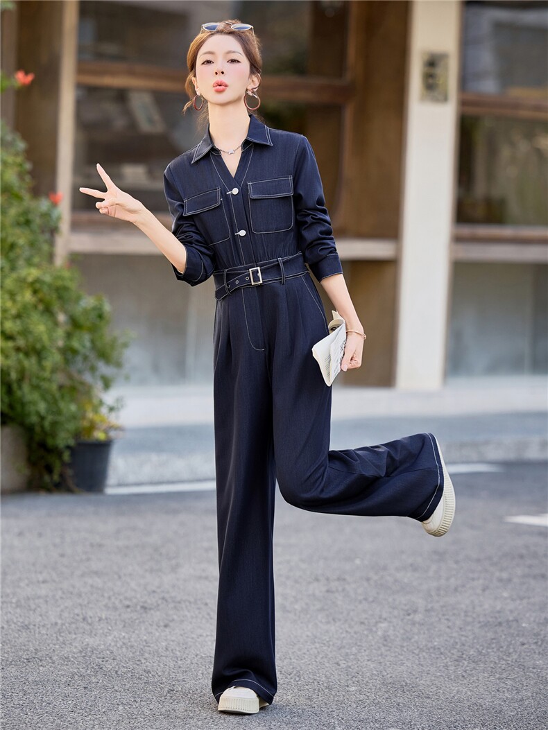（新款现货）2026春装时尚高级显瘦天丝牛仔V领腰带阔腿连体裤,女装连体裤,印象茜