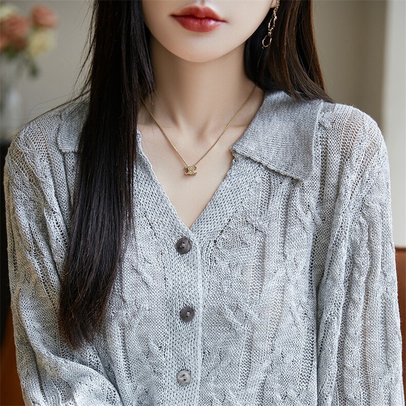 25春秋莱赛尔天丝针织毛衣开衫女POLO领镂空提花长袖宽松外套上衣,女装蕾丝衫/雪纺衫,暖烁羊绒