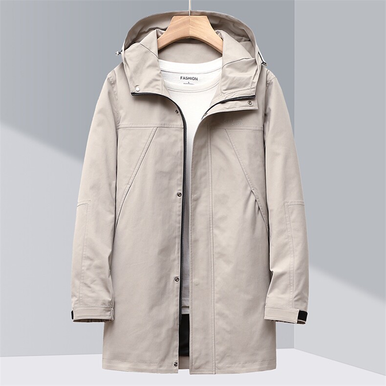 中年男士风衣2023春秋新款潮流休闲时尚大衣中长款连帽纯色外套男，男装风衣，电商B212（原钱塘6029）