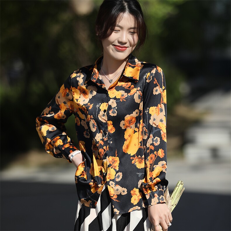 真丝短袖女七分袖25新款夏季高端气质印花宽松小衫桑蚕丝T恤上衣,女装衬衫,朝贺羊绒