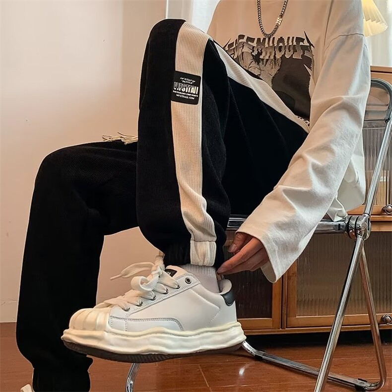 条纹运动卫裤男秋冬束脚裤设计感休闲裤潮牌宽松灯芯绒K2802P32,男装休闲裤,星座1116-2