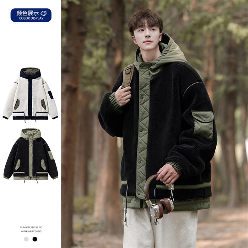 情侣棉服男士加绒加厚拼接工装保暖羊羔毛冬装外套M021-P125图片