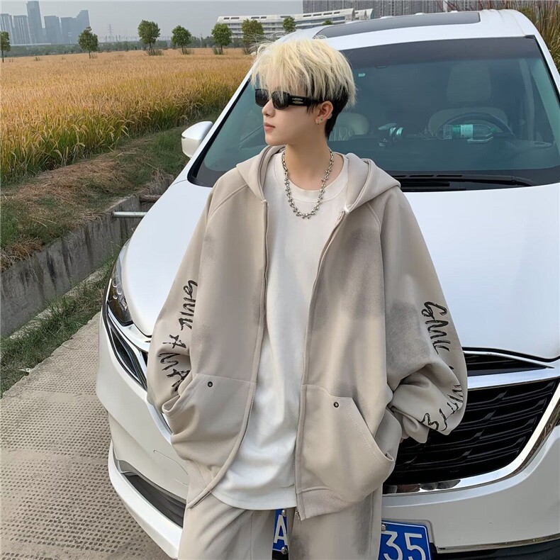 美式高街扎染开衫卫衣男春秋新款潮牌宽松休闲拉链外套6779/P64图片