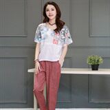 鸡心领宽松印花短袖T恤中腰棉麻铅笔裤两件套，女装套装/套裙，丽影随形