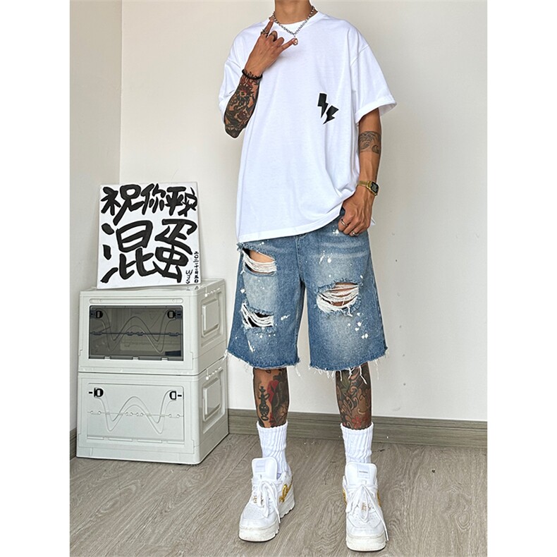 夏季无影墙男士宽松直通毛边破洞乞丐泼漆五分短裤男大码高街小众，男装牛仔裤，星座301D-4(原星座1004-4）