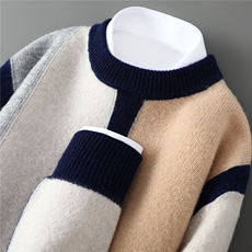 2025年秋季落肩袖长袖基础大众加厚圆领拼色，男装羊毛衫，祥特羊绒