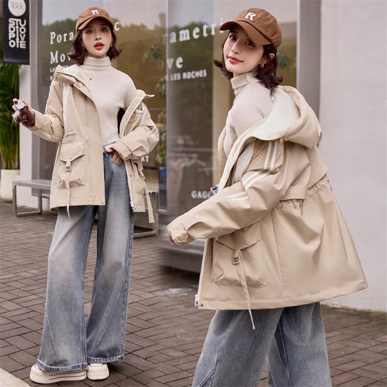 加绒加厚冬装新款派克棉服女中长款保暖连帽简约时尚工装棉衣外套图片