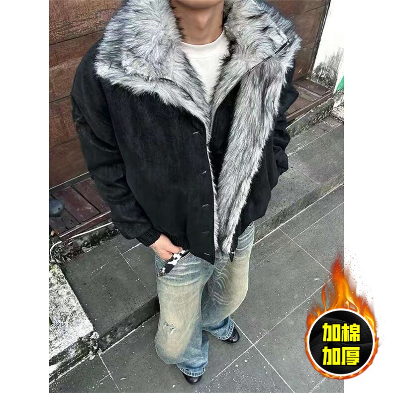 现货高品质美式高街重磅狼王座山雕毛毛领假两件棉衣加厚棉服外套,男装棉衣,电商A443