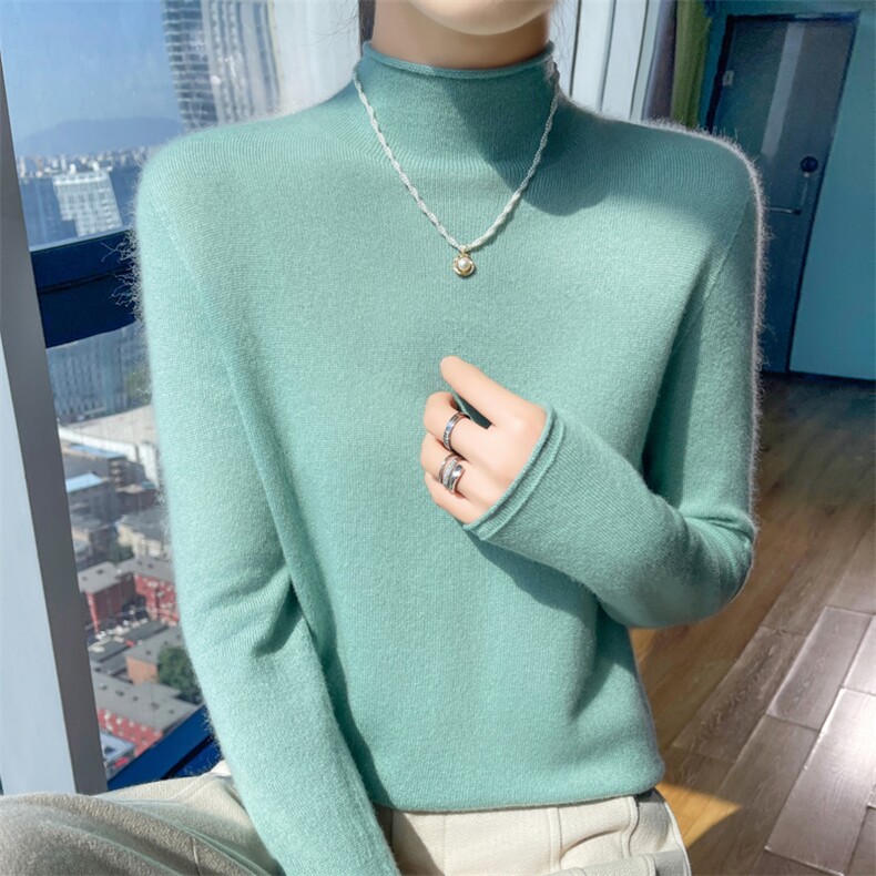 卷边半高领100%纯羊毛衫女长袖针织衫毛衣秋冬宽松羊绒衫打底上衣,针织衫/毛衣,昭美羊绒