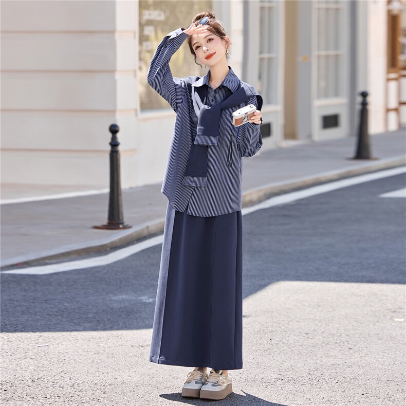 韩系气质披肩条纹衬衫套装女2025年春秋新款优雅大气半身裙三件套,女装套装/套裙,意芙