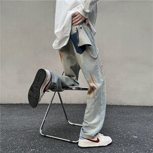 做旧复古黄泥蓝泼墨牛仔裤水洗高街直筒宽松裤子男女N02501-P53图片