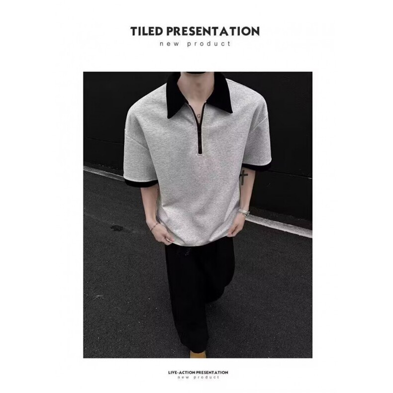 网图假两件短袖t恤男款2026夏季新款潮牌美式拼接衬衫领YY815-P32，男装T恤，电商C216