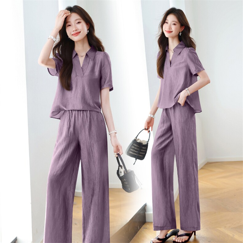 时尚通勤V领阔腿裤两件套女2025年夏季新款气质显瘦减龄休闲套装，女装大码女装，梦依杭