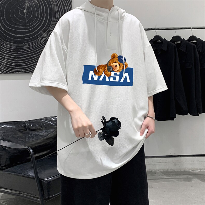 LD54247-P45NASA连帽短袖t恤男大码胖子带帽五分袖中袖,男装T恤,电商A040
