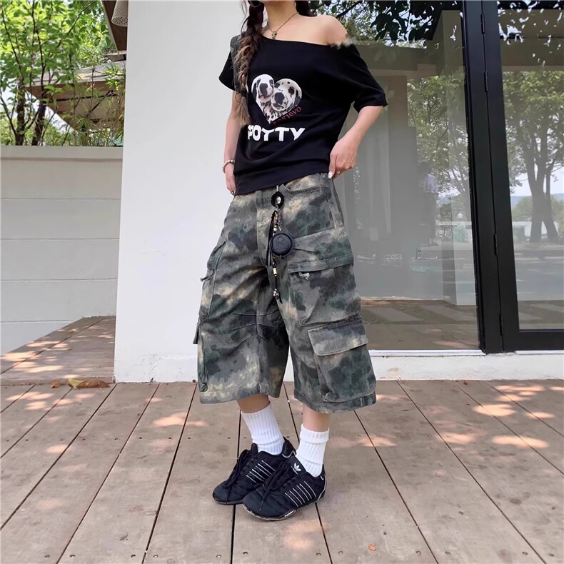 美式复古晕染迷彩重工宽松多口袋牛仔裤女男直筒工装炮弹裤七分裤图片