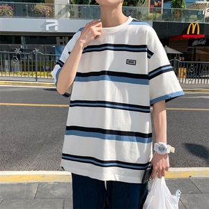 男女休闲潮牌短袖纯棉夏装新款撞色条纹T恤情侣装 T040-P22图片