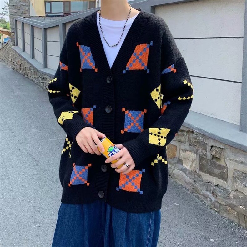 ins港风宽松情侣针织衫毛线衣方块印花毛衣男春秋季W1576-P52,男装针织衫/毛衣,星座512-4