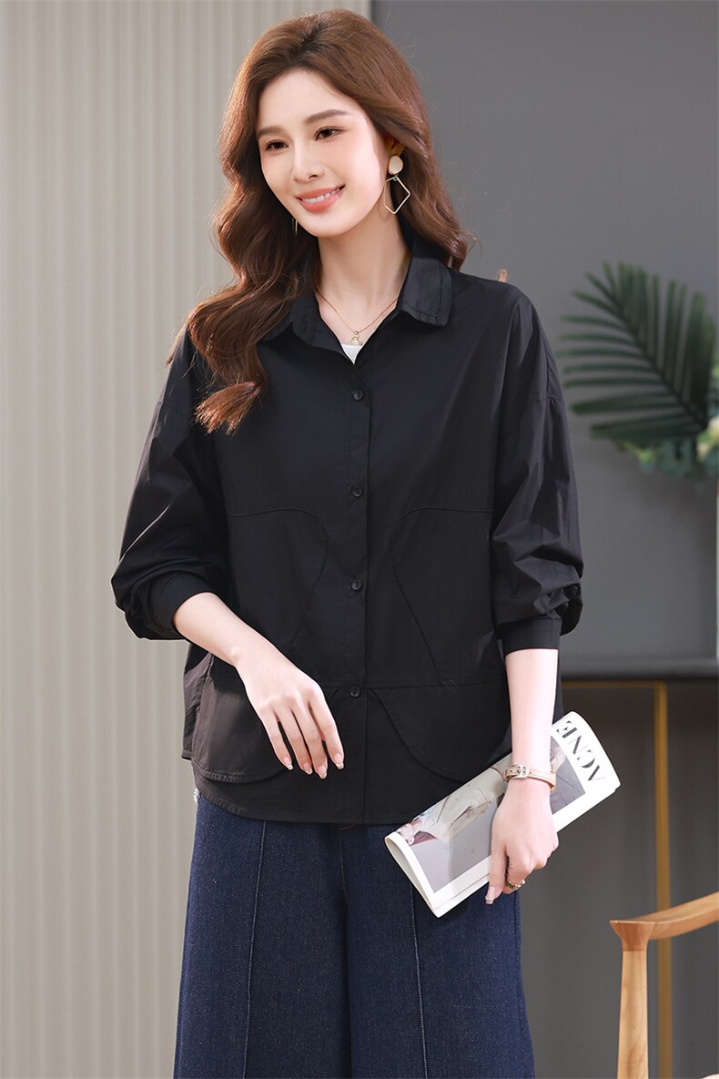 黑色衬衫女纯棉2025春秋季新款设计感小众休闲中性长袖宽松上衣潮,女装衬衫,江忆布依