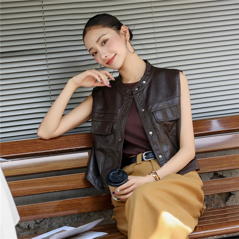 2025秋季女装新款大量现货时尚洋气百搭短款皮衣马甲外套,女装皮衣,缘衣格