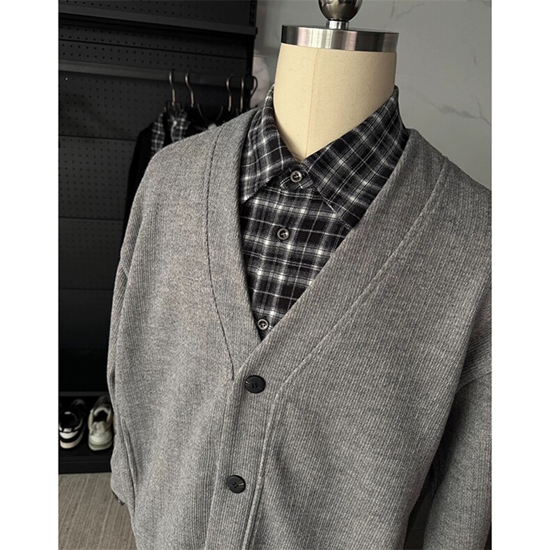 网图-假两件格子衬衫领毛衣男女秋冬针织开衫外套9158-P78，男装针织衫/毛衣，电商B380（原B361）