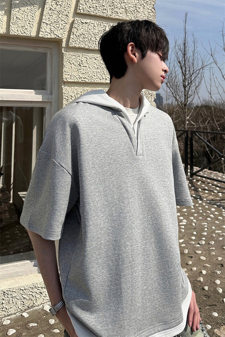 250克高品质面料百搭假两件连帽上衣休闲复古短袖卫衣HY733P45,男装T恤,电商A102B