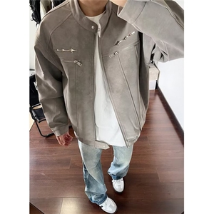 复古高街重磅PU皮夹克外套皮衣男宽松百搭工装棒球服外套J2596,穿连衣裙搭配鞋子怎么搭图片