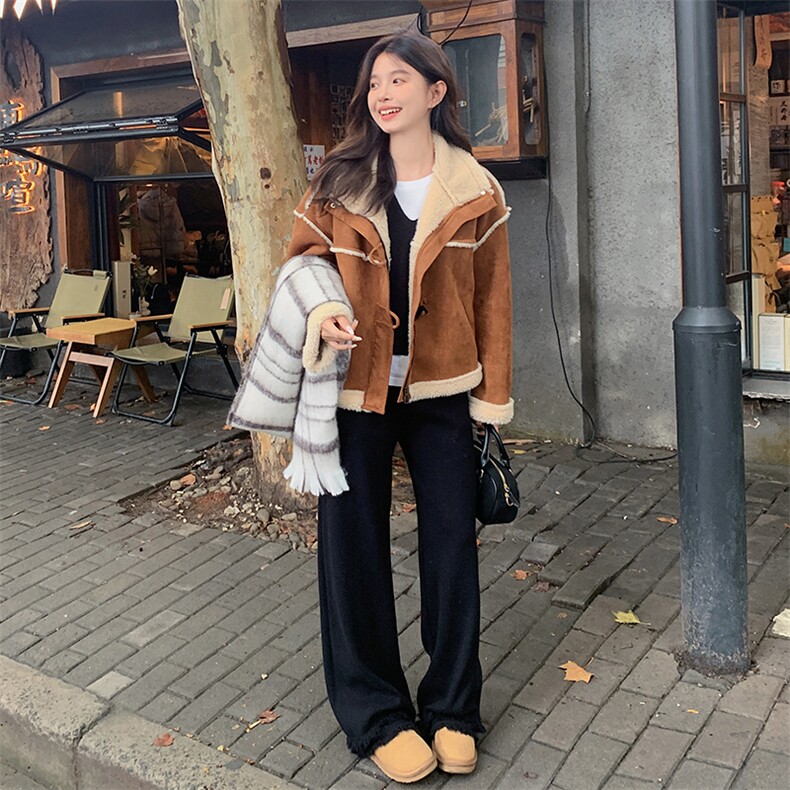 【新款现货】复古麂皮加绒外套短款牛角扣翻领99029款P195K278,女装皮草,2C316
