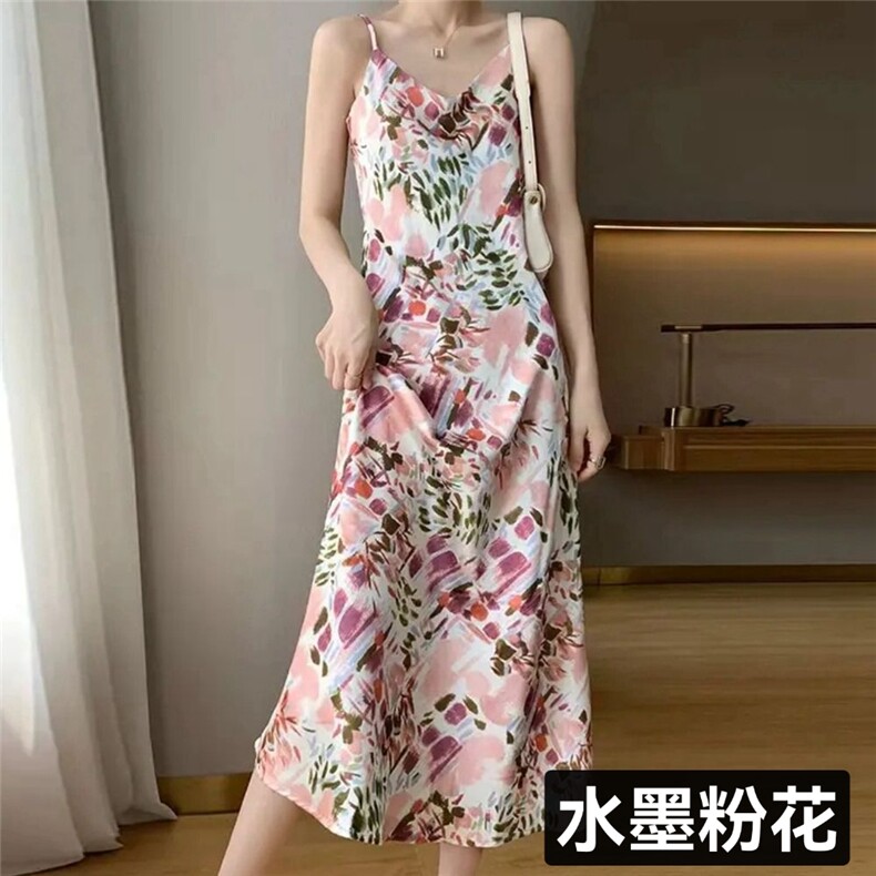 夏季高级吊带连衣裙女西装内搭无袖V领醋酸缎面长款打底背心长裙,女装连衣裙,思沃羊绒