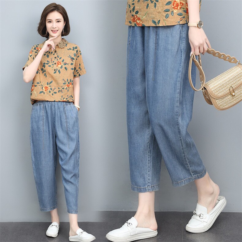 妈妈裤子夏季2025新款宽松显瘦女装大码小个子中老年女天丝七分裤,女装牛仔裤,依恋蒂丝