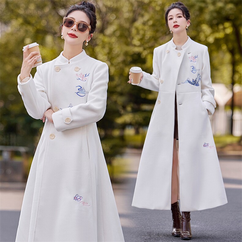 女式毛呢外套冬装新款刺绣立领加长款新中式国风呢子大衣,女装毛呢外套,芷墨服饰