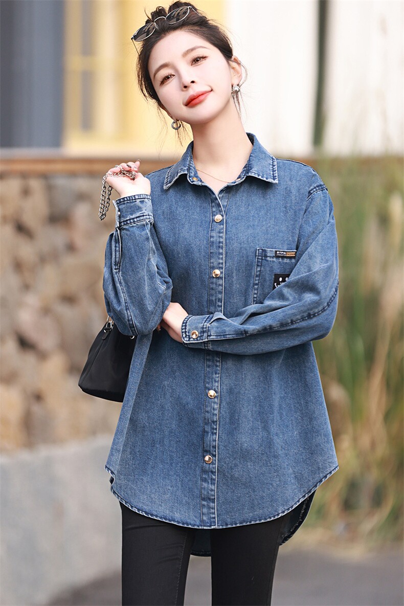 牛仔衬衫外套女春秋新款2024休闲韩版宽松大码洋气高级感衬衣上衣,女装衬衫,丽影随形