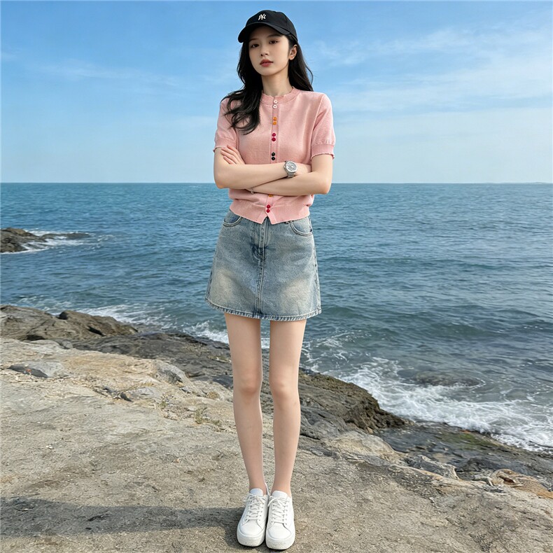 夏季新款时尚休闲简约套装宽松显瘦圆领彩色纽扣上衣牛仔裙两件套，女装套装/套裙，江南