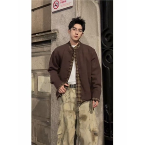现货~龙叨叨老钱风假两件格纹拼接长袖针织开衫外套MY2573批88图片