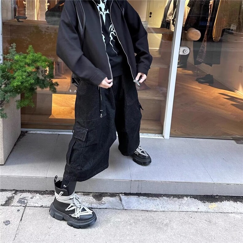 美式复古深蓝色牛仔七分裤女2025夏季慵懒风休闲高级阔腿工装短裤图片