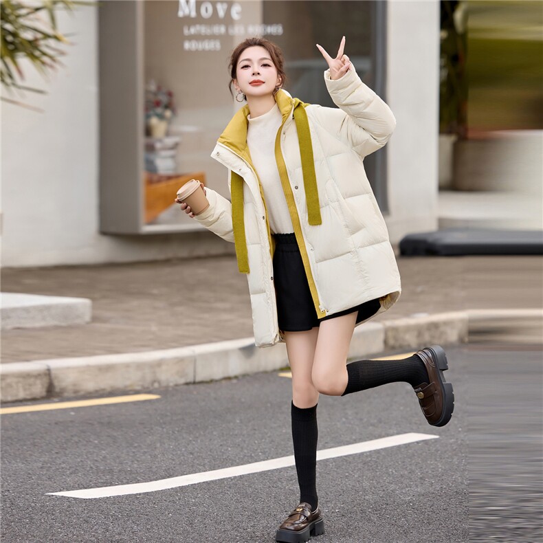 现货！2025冬季新款女时尚气质休闲针织帽可拆卸撞色羽绒服,女装羽绒服,涵墨