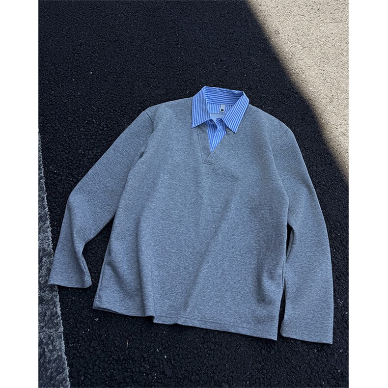 T329-特P33控68300克秋季假两件衬衫领长袖潮牌宽松拼接T恤男,男装T恤,电商A058-1（原电商C417）
