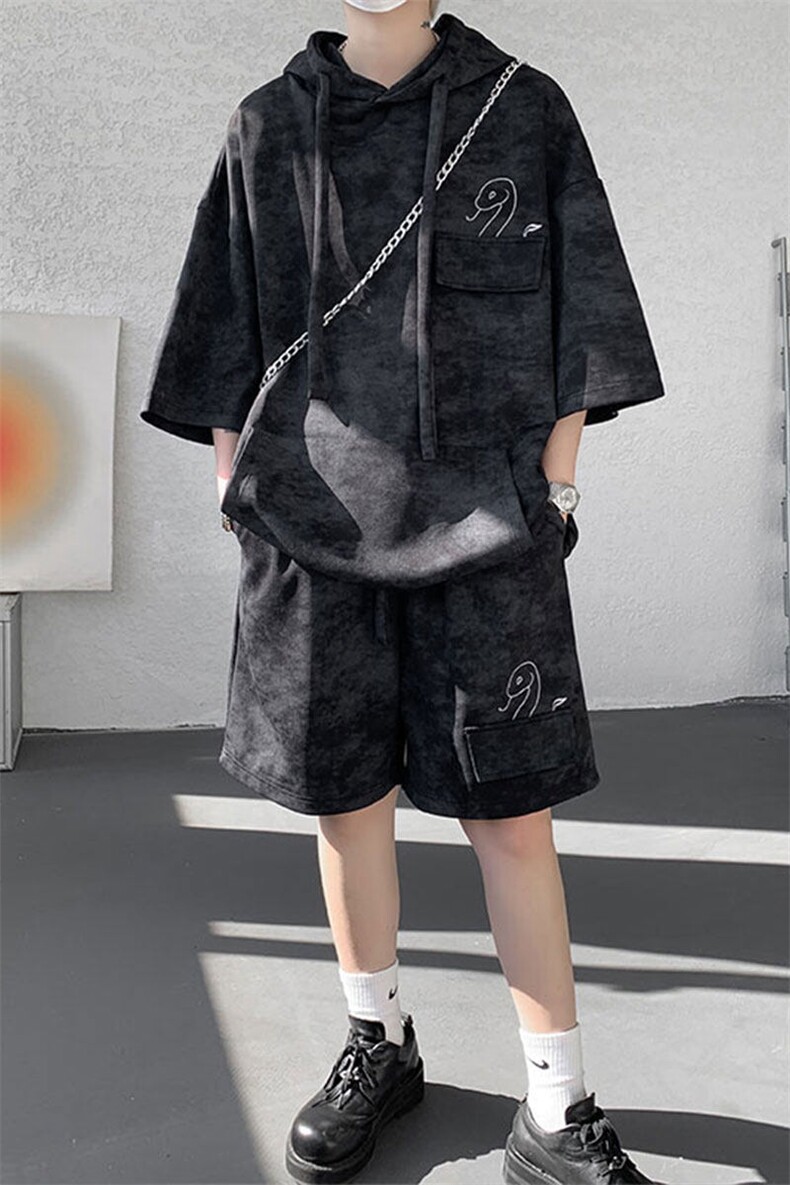 现货TZ773-特批55控88设计感高质感套装连帽大码T恤短袖短裤,男装休闲套装,电商A059