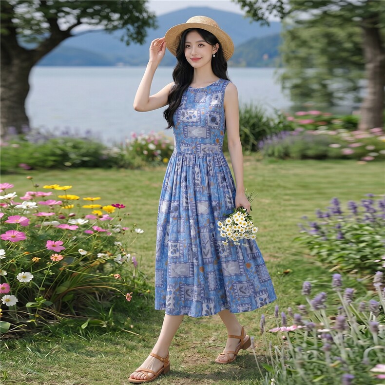 蓝色印花无袖宽松版时尚学院风连衣裙,女装连衣裙,水衣源