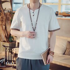 T97*2021夏季男士中国风棉麻短袖T恤衫灰蓝*P25，男装T恤，星座1516（原B303）