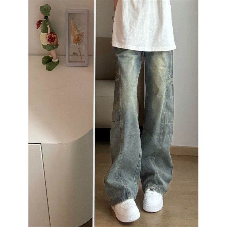 美式复古拼接多口袋工装百搭设计牛仔裤男女宽松直筒长裤W787p42,男装牛仔裤,星座1112-1