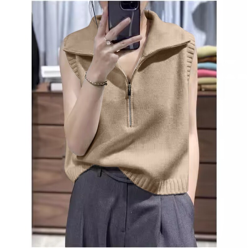 时尚潮流2024年秋季保暖舒适百搭半拉链无袖羊毛马甲，女装马甲，丽特绒