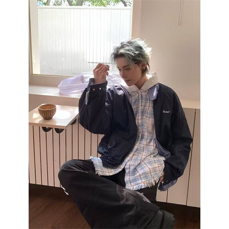 “正反两面穿”美式潮牌复古格纹工装夹克男女秋季宽松休闲外套潮,男装夹克,星座506A