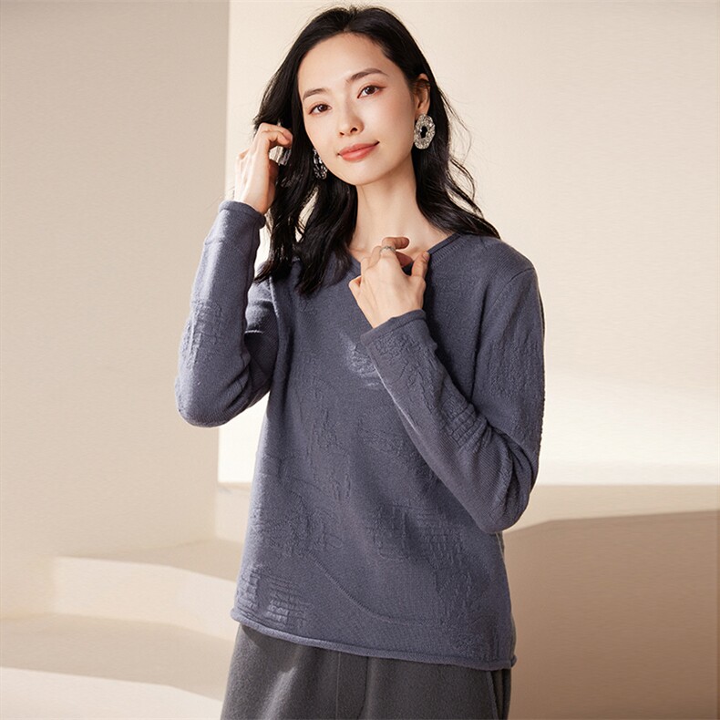山羊绒双股加厚国风新中式浮雕花纹圆领打底衫,女装羊绒衫,江帆羊绒