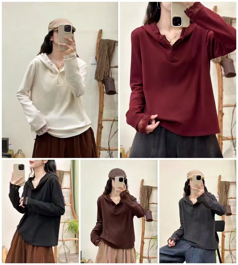 2025年秋季常规款单件长袖蕾丝连帽打底，女装针织衫/毛衣，湘姗