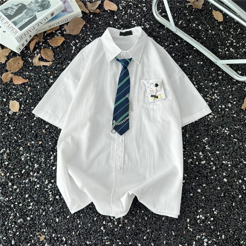 W426-P40复古衬衫夏装港风宽松小众设计感新款上衣链条领带,男装衬衫,星座911-1