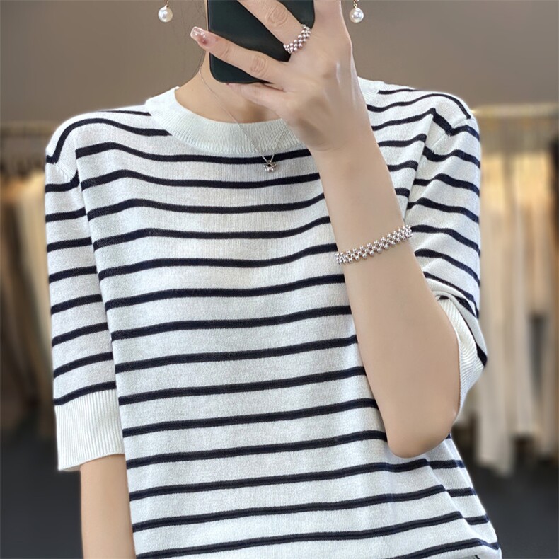 法式减龄条纹羊毛针织衫短袖T恤女夏季圆领宽松打底半袖上衣薄款,女装T恤,雪真羊绒