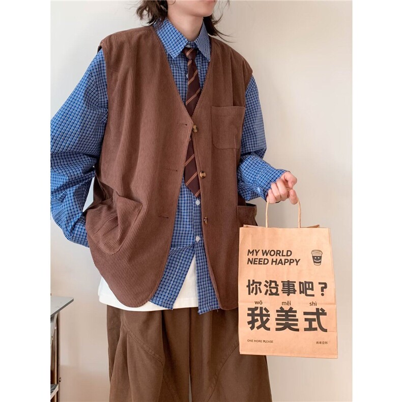 2025春秋式复古学院风纯色百搭V领开衫背心马甲上衣男女潮图片