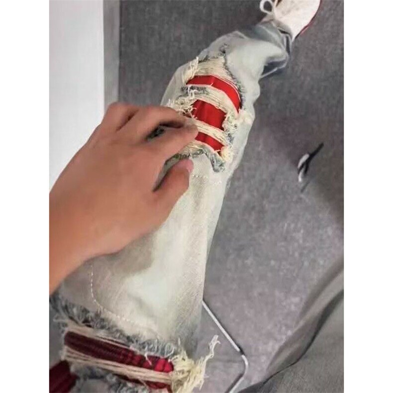 网络图破洞贴布牛仔裤高街美式修身显瘦休闲直筒牛仔裤,男装牛仔裤,星座410-7