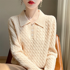 2025年秋季长袖单件套头polo领时尚百搭通勤针织衫，女装针织衫/毛衣，伊绒腾羊绒